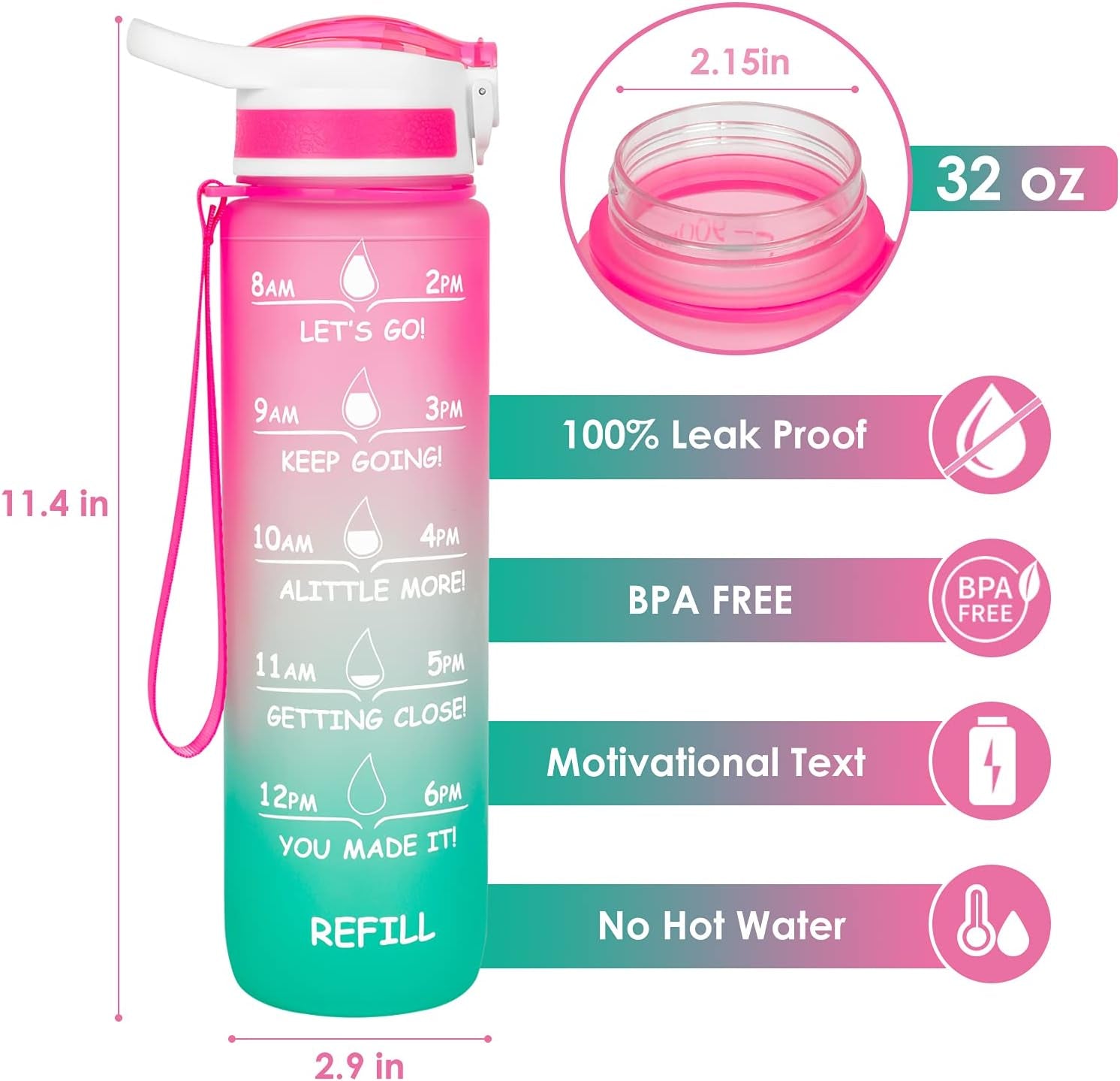 Motivational Water Bottle,32 Oz Water Bottle,Water Jug with Time Maker and Straw